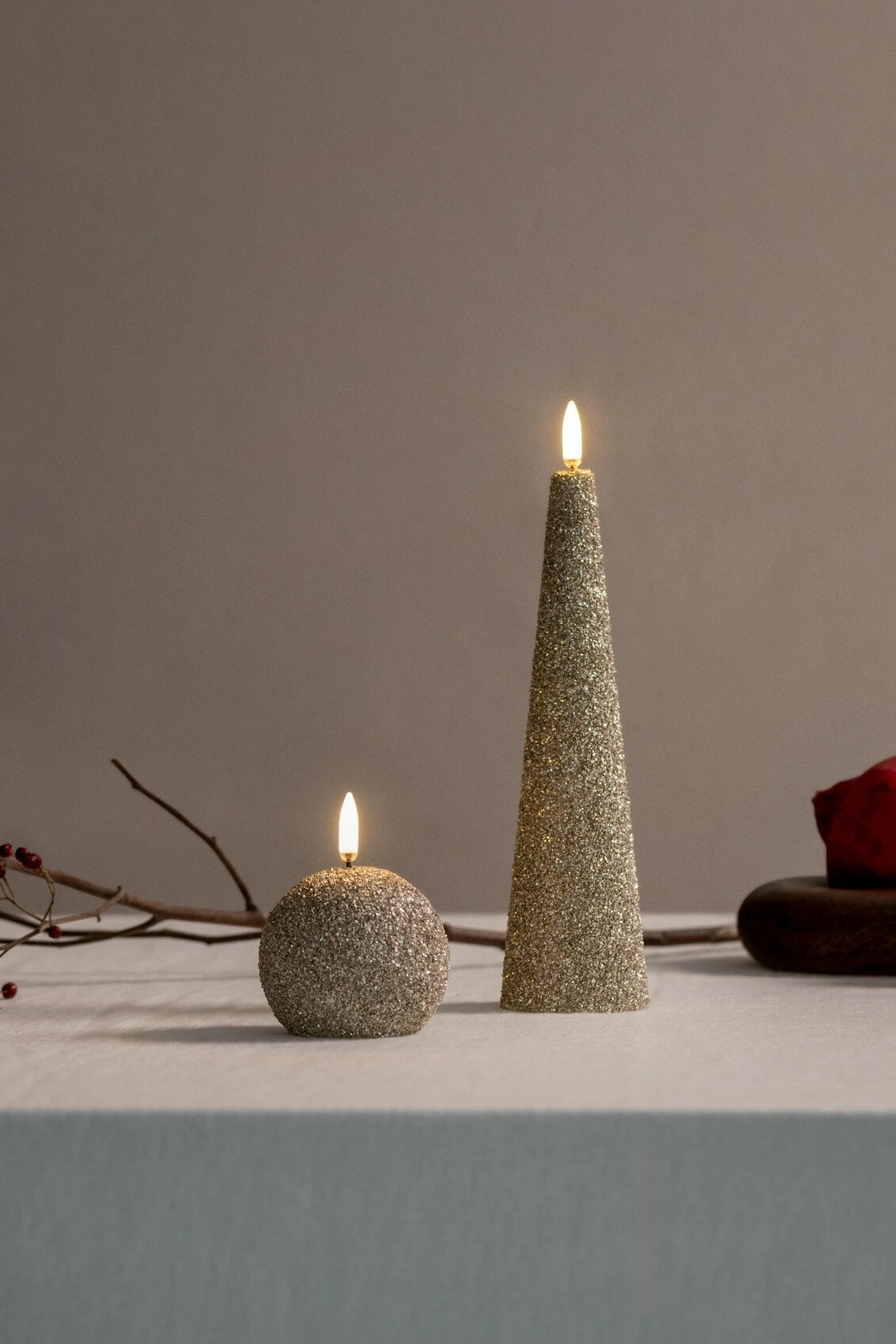 Round LED lys, Champagne/Glitter - Ø7 cm